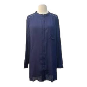 Navy Blue Sheer Lace Shirt Dress Swim Cover Up Long Sleeve Coastal Indie M/L